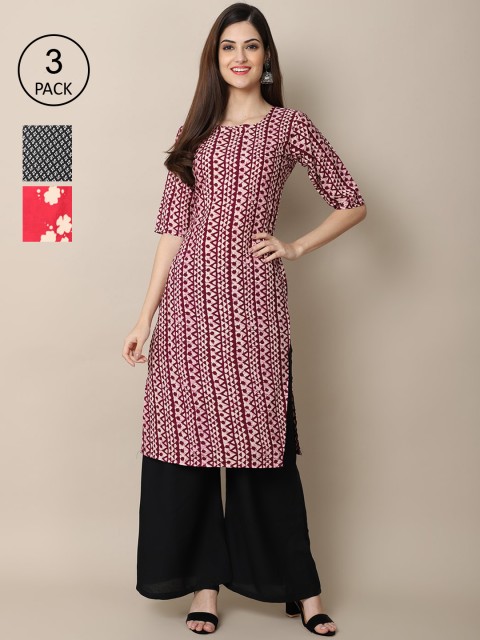 

Ethnic basket Women Pack of 3 Ethnic Motifs Printed Crepe Kurta, Maroon