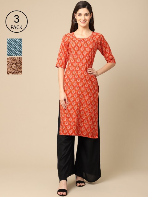 

Ethnic basket Women Pack of 3 Ethnic Motifs Printed Crepe Kurta, Orange