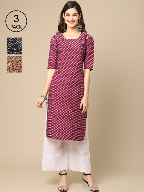

Ethnic basket Women Pack Of 3 Pink & Brown Ethnic Motifs Printed Crepe Kurta