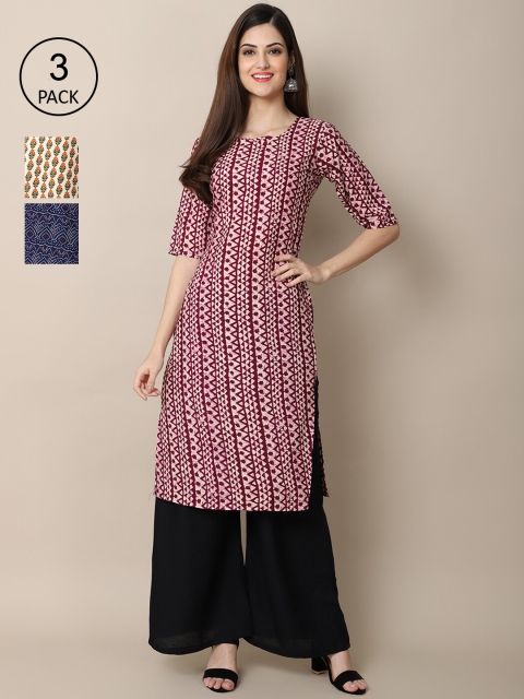 

Ethnic basket Women Pack of 3 Ethnic Motifs Printed Crepe Kurta, Maroon