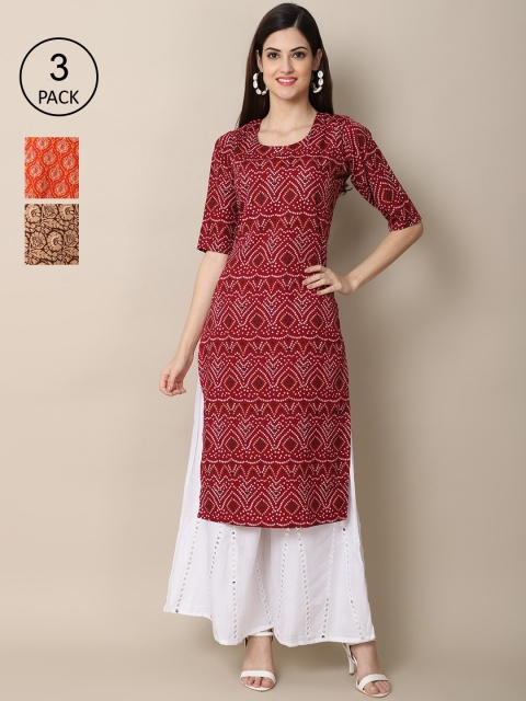 

Ethnic basket Women Pack of 3 Printed Crepe Kurtas, Red