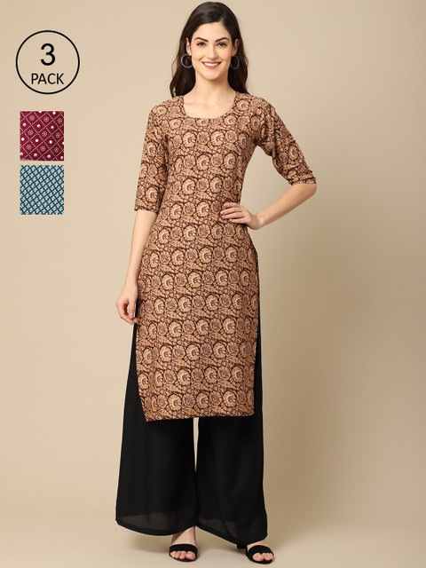 

Ethnic basket Women Pack of 3 Ethnic Motifs Printed Crepe Kurta, Brown