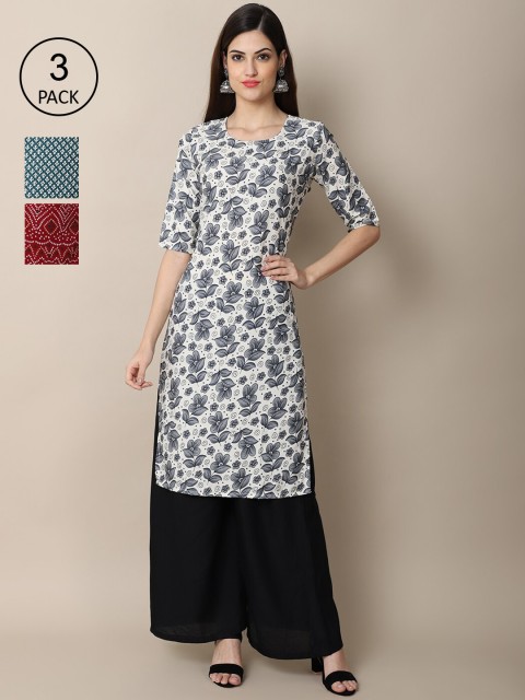 

Ethnic basket Pack Of 3 Women White & Blue Floral Printed Crepe Kurta