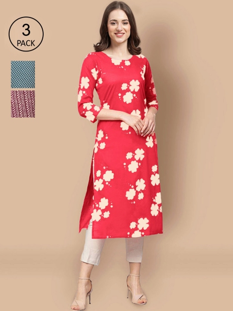 

Ethnic basket Women Pack of 3 Printed Block Print Crepe Kurta, Peach