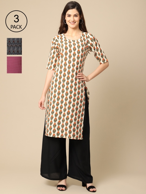 

Ethnic basket Women Pack of 3 Printed Crepe Straight Kurtas, Black