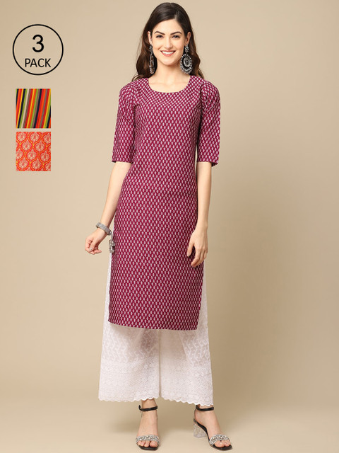 

Ethnic basket Pack Of 3 Women Maroon & Multicoloured Ethnic Motifs Printed Crepe Kurta