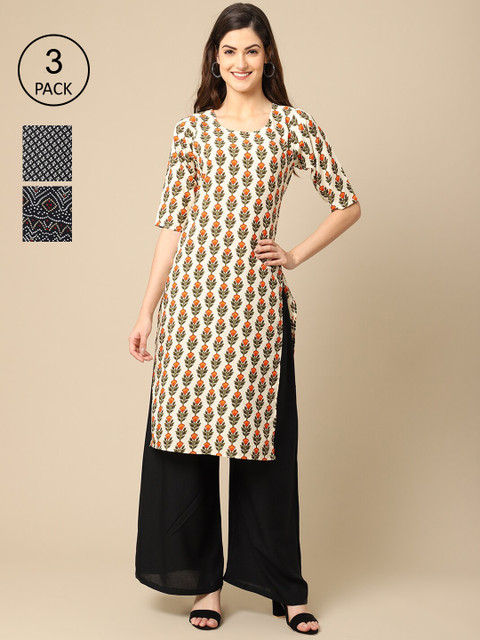 

Ethnic basket Pack Of 3 Women Cream-Coloured & Black Floral Printed Crepe Kurta