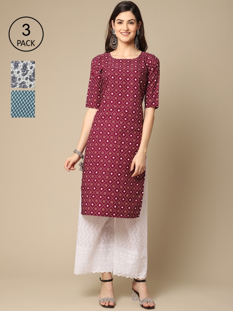 

Ethnic basket Pack Of 3 Women Maroon & White Floral Printed Crepe Kurta