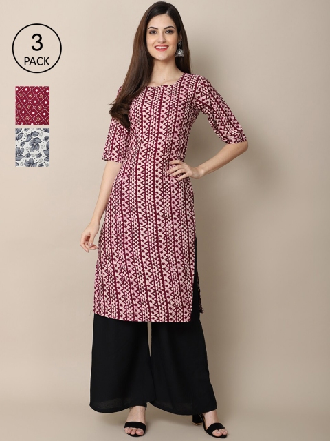 

Ethnic basket Pack Of 3 Women Purple & Maroon Geometric Printed Crepe Kurta