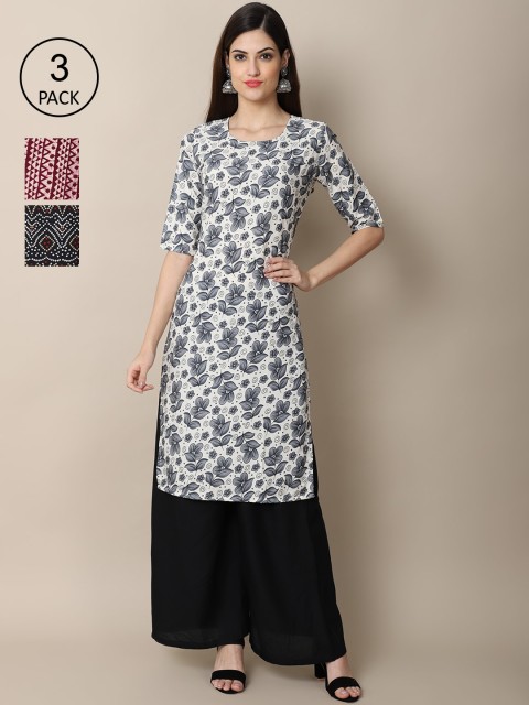 

Ethnic basket Women Pack of 3 Black & Maroon Floral Printed Crepe Kurtas