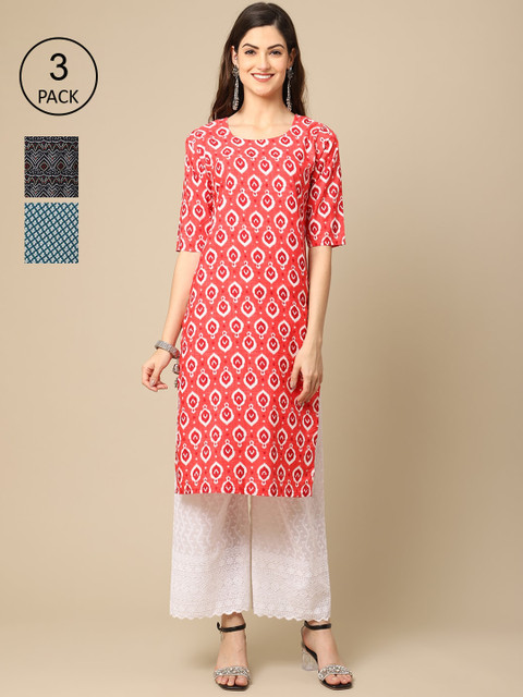 

Ethnic basket Pack of 3 Women Printed Straight Crepe Kurta, Coral