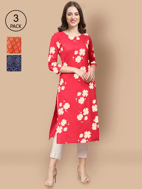 

Ethnic basket Women Pack Of 3 Geometric Printed Crepe Kurtas, Red