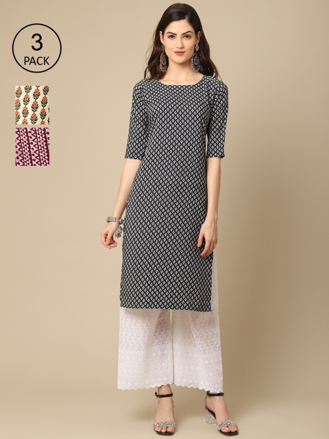 

Ethnic Basket Pack of 3 Stylish Women's Crepe Printed Straight Kurta, Black