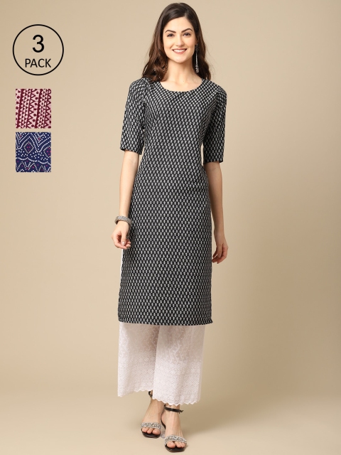

Ethnic basket Pack Of 3 Women Black & Purple Geometric Printed Crepe Kurta