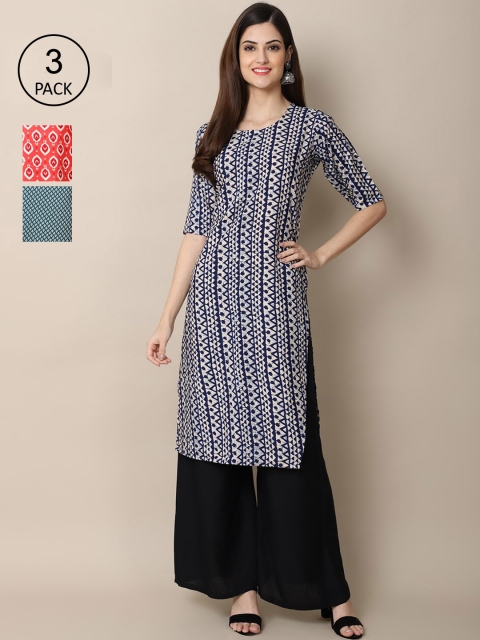

Ethnic basket Women Pack of 3 Ethnic Motifs Printed Crepe Kurta, Black