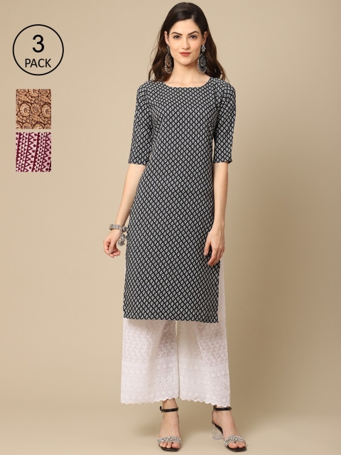 

Ethnic basket Pack Of 3 Women Black & Beige Ethnic Motifs Printed Crepe Kurta