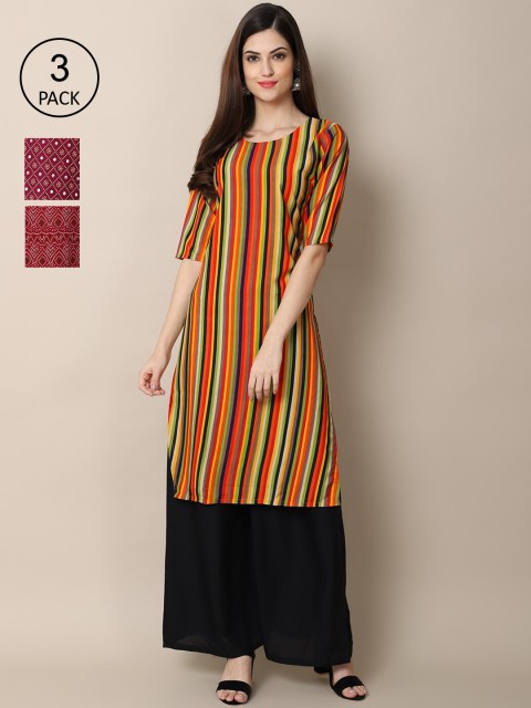 

Ethnic basket Women Pack Of 3 Geometric Printed Block Print Crepe Kurta, Orange