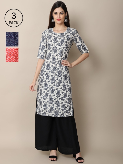 

Ethnic basket Women White & Blue Floral Printed Crepe Kurta