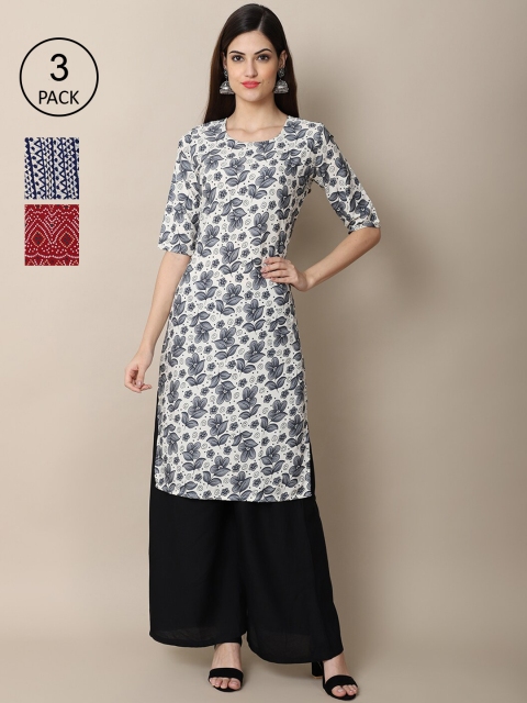 

Ethnic basket Women Pack of 3 Printed Crepe Straight Kurtas, Grey