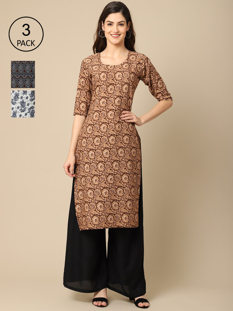 

Ethnic basket Pack of 3 Women Floral Printed Crepe Kurta, Brown