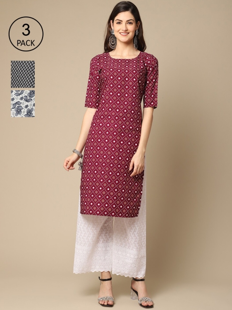 

Ethnic basket Women Pack Of 3 Floral Printed Crepe Kurtas, Maroon