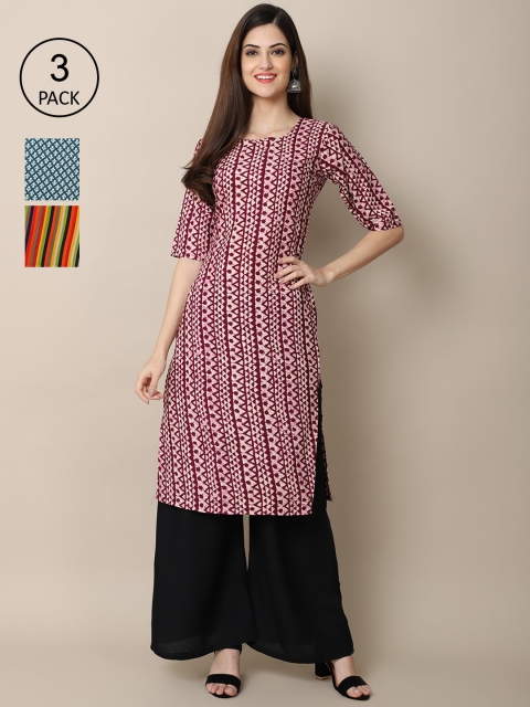 

Ethnic basket Women Pack Of 3 Ethnic Motifs Printed Block Print Crepe Kurta, Maroon