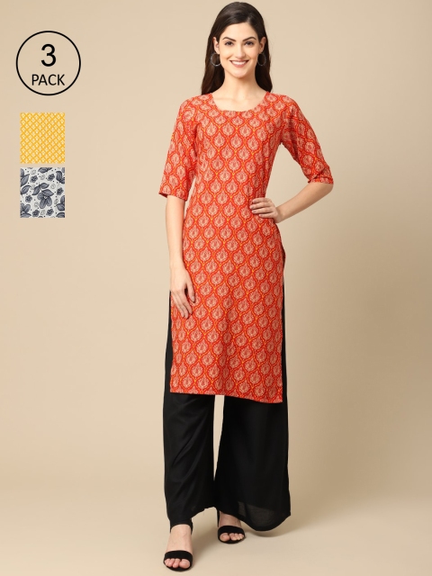 

Ethnic basket Women Pack of 3 Ethnic Motifs Printed Crepe Kurta, Orange