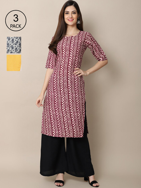 

Ethnic basket Women Pack of 3 Ethnic Motifs Printed Crepe Kurta, Yellow