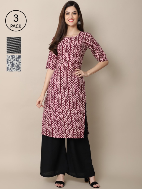 

Ethnic basket Pack Of 3 Women Printed Crepe Kurta, Maroon