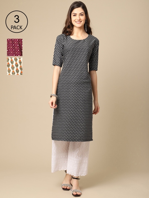 

Ethnic basket Women Pack of 3 Printed Crepe Kurtas, Black
