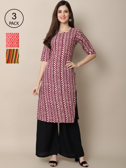 

Ethnic basket Women Pack of 3 Printed Crepe Kurtas, Maroon