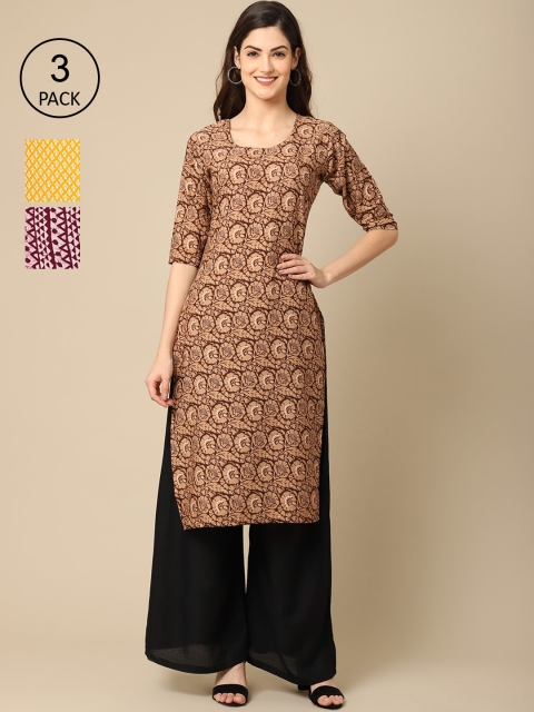 

Ethnic basket Women Pack of 3 Ethnic Motifs Printed Crepe Kurta, Yellow