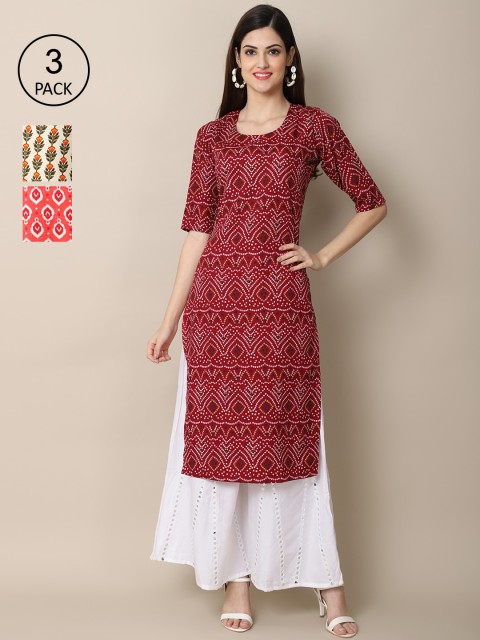 

Ethnic basket Women Pack of 3 Maroon & Coral Ethnic Motifs Printed Crepe Kurta