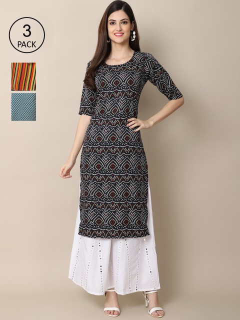 

Ethnic basket Women Pack Of 3 Ethnic Motifs Printed Crepe Kurta, Black