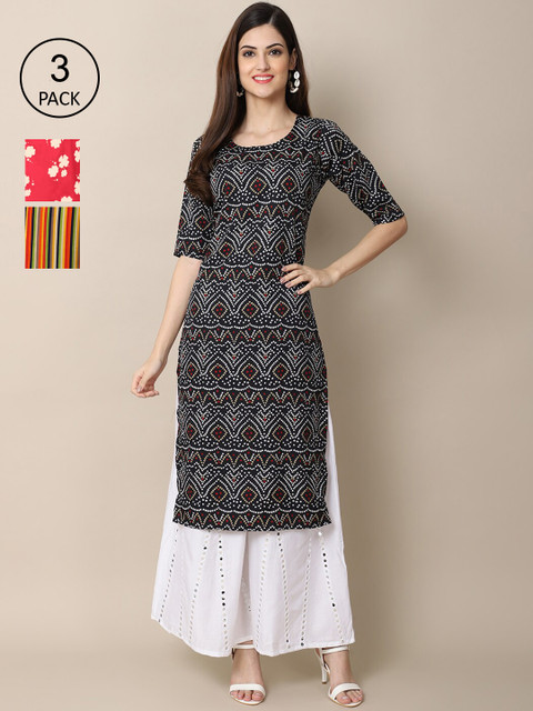 

Ethnic basket Women Multicoloured Pack Of 3 Geometric Printed Block Print Crepe Kurta, Multi
