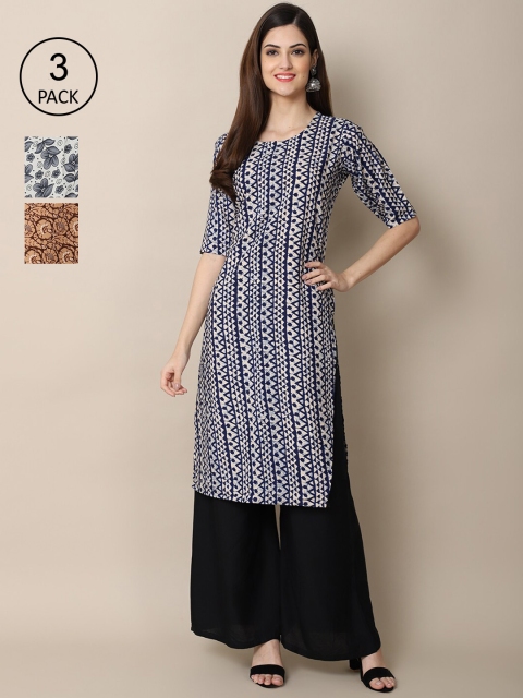 

Ethnic basket Pack Of 3 Women Blue & White Floral Printed Crepe Kurta
