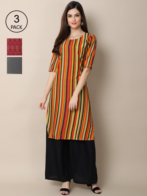 

Ethnic basket Women Pack Of 3 Printed Crepe Straight Kurta, Orange