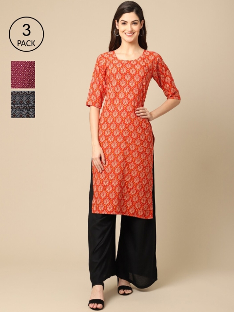 

Ethnic basket Women Pack of 3 Printed Crepe Straight Kurtas, Orange