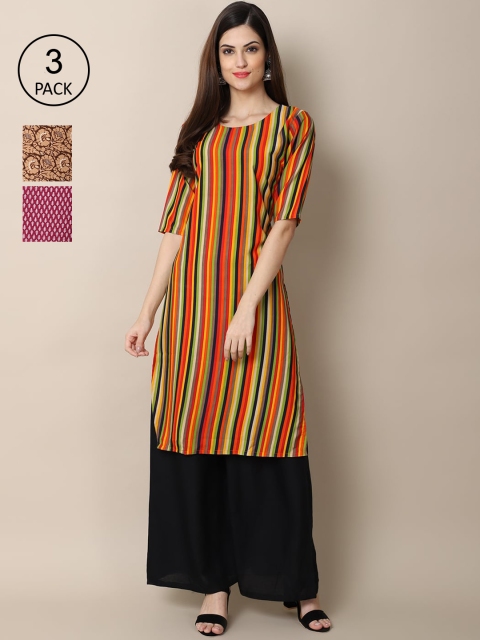 

Ethnic basket Women Pack Of 3 Geometric Printed Crepe Kurtas, Yellow