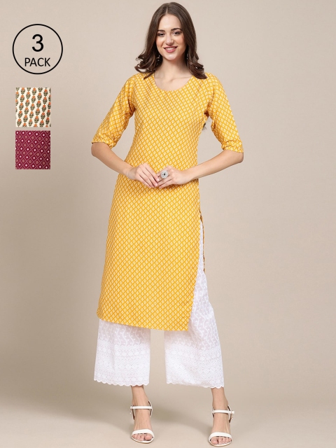 

Ethnic basket Women Pack of 3 Yellow & Beige Floral Printed sCrepe Kurta