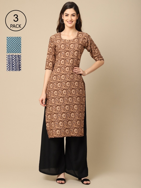 

Ethnic basket Women Pack of 3 Brown & Blue Ethnic Motifs Printed Crepe Kurta