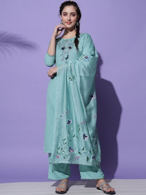 

Sitaram Designer Women Turquoise Thread Work Pure Cotton Kurta with Palazzos & Dupatta, Turquoise blue