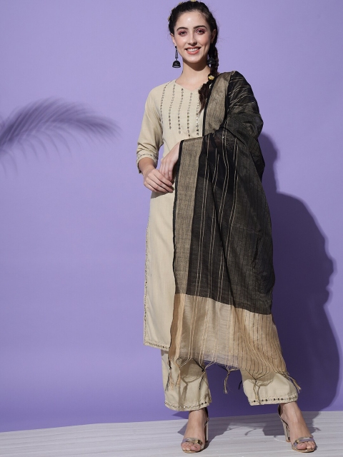 

Sitaram Designer Women Beige Embroidered Mirror Work Pure Cotton Kurta with Palazzos & With Dupatta