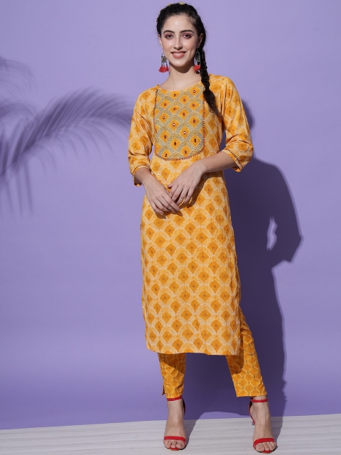 

Sitaram Designer Women Mustard Yoke Design Mirror Work Pure Cotton Kurta with Trousers