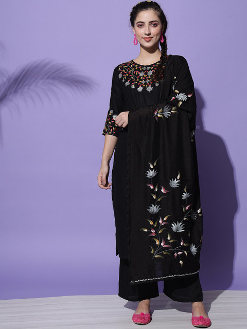 

Sitaram Designer Women Floral Embroidered Pure Cotton Kurta with Palazzos & With Dupatta, Black