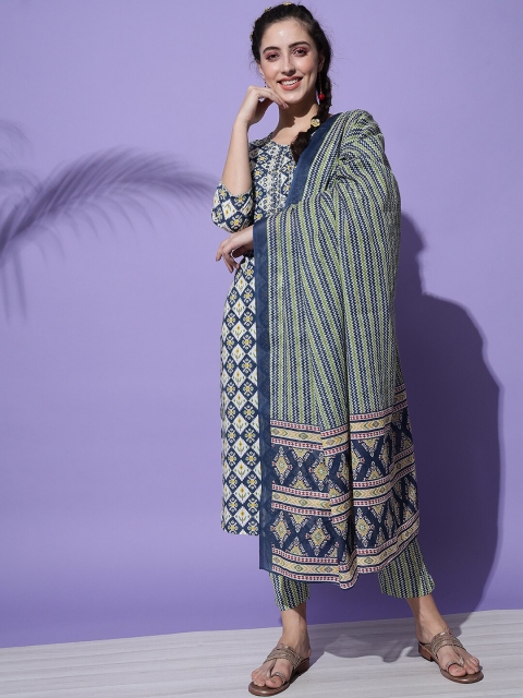 

Sitaram Designer Women Blue Printed Thread Work Pure Cotton Kurta with Trousers & Dupatta