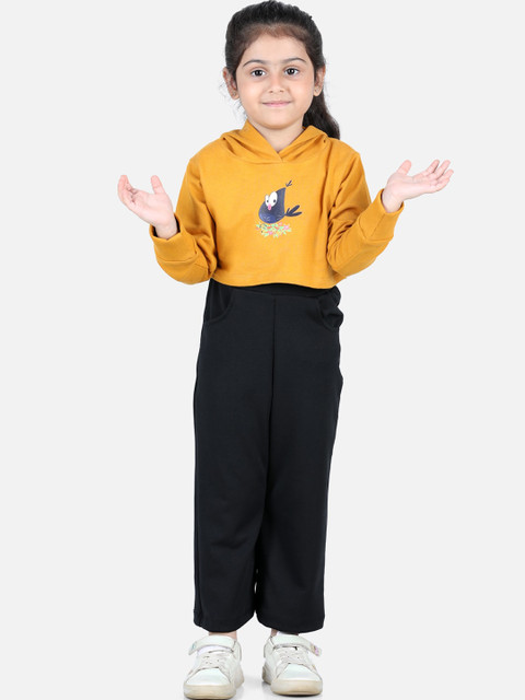

AWW HUNNIE Girls Printed Hooded Crop Sweatshirt with Pants, Mustard