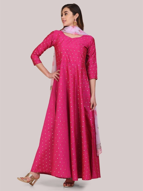 

Atsevam Women Pink Jacquard Ethnic Maxi Dress With Dupatta