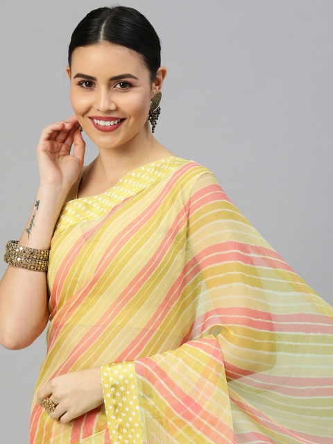 

Satrani Beige & Pink Striped Leheriya Saree