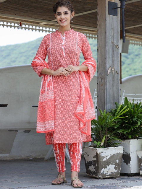 

KAAJH Women Bandhani Printed Pure Cotton Kurta with Trousers & With Dupatta, Peach